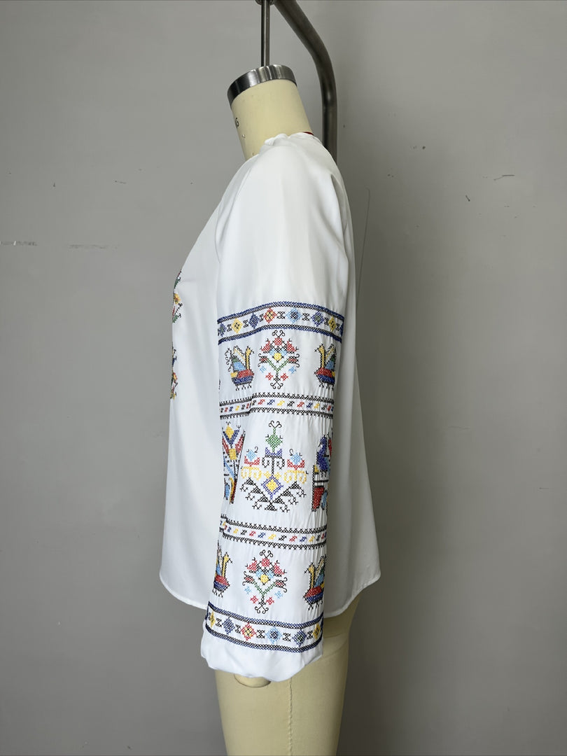 Ethnic Embroidered Loose Long Sleeve Shirt Women N6D099