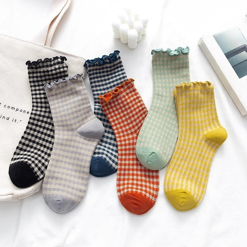 Plaid Ruffle Trim Mid-Calf Socks Women Preppy N6H006