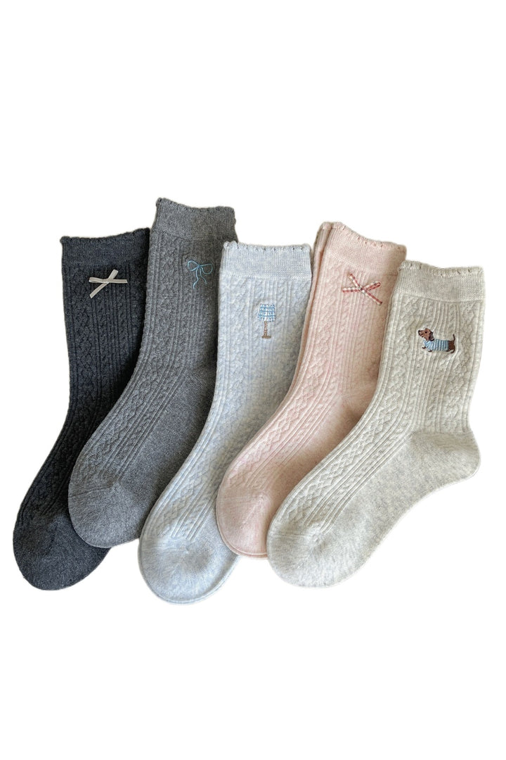 Bow Dog Embroidery Cotton Stackable Socks M5A050