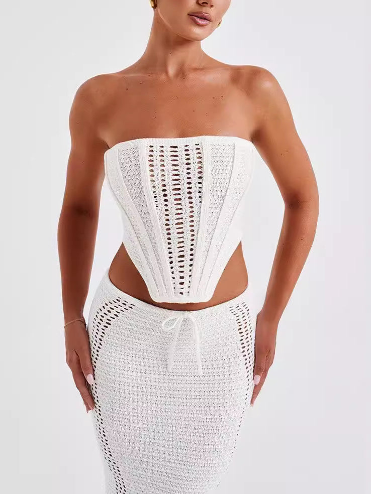 Deep Back Bandeau Set Bodycon Maxi Knit N5Z209