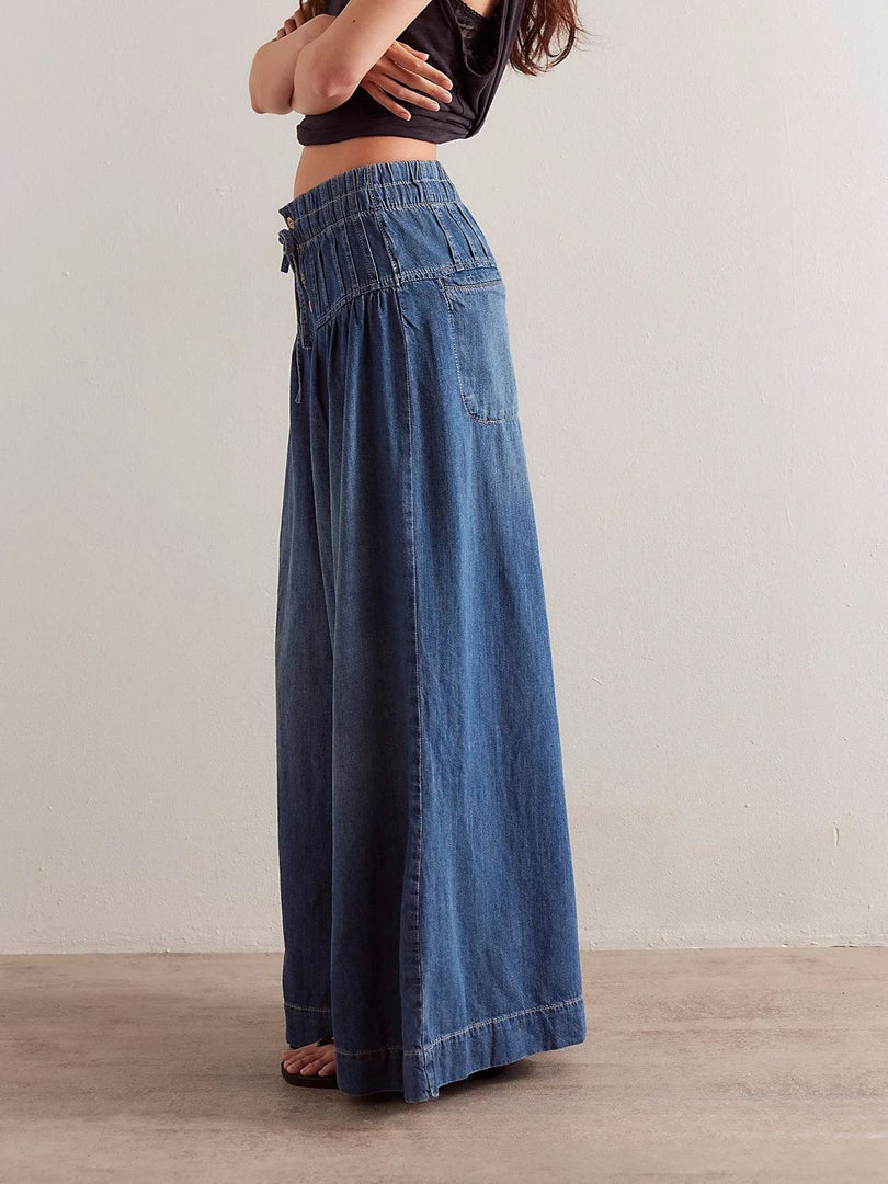 Wide Leg Relaxed Tie Waist Denim Pants Women N6C283