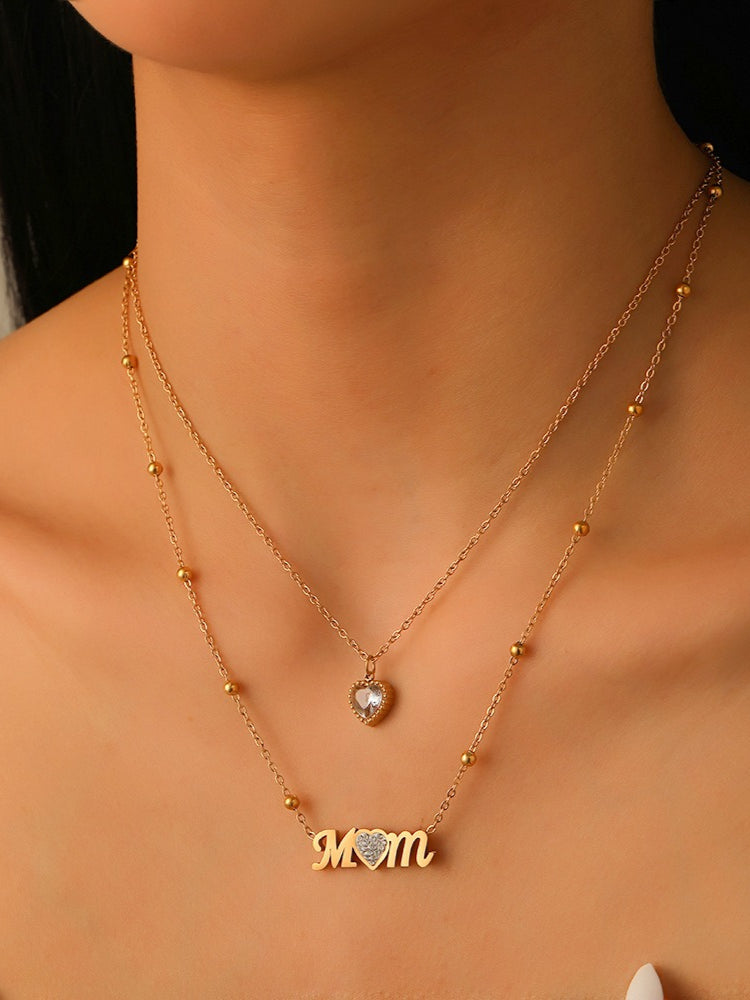 MOM Heart Zircon Layering Necklace Women N6D507