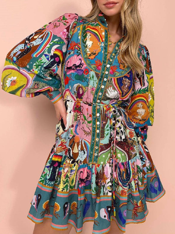 Printed Tie-Waist Linen Blend Pleated Midi Dress N6D068