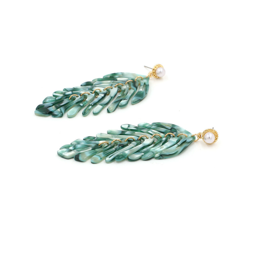 Acrylic Leaf Drop Earrings Fringed Organic Motif S5P171