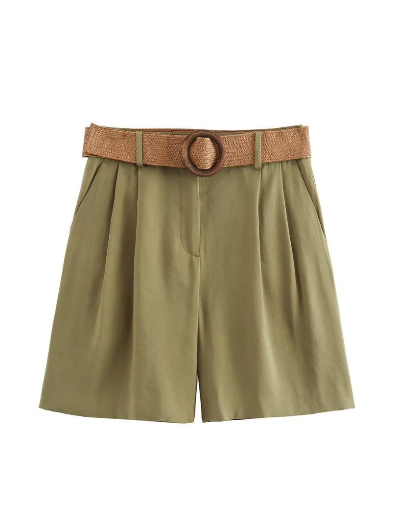 Belted Straight Leg Casual Shorts Women N6F014