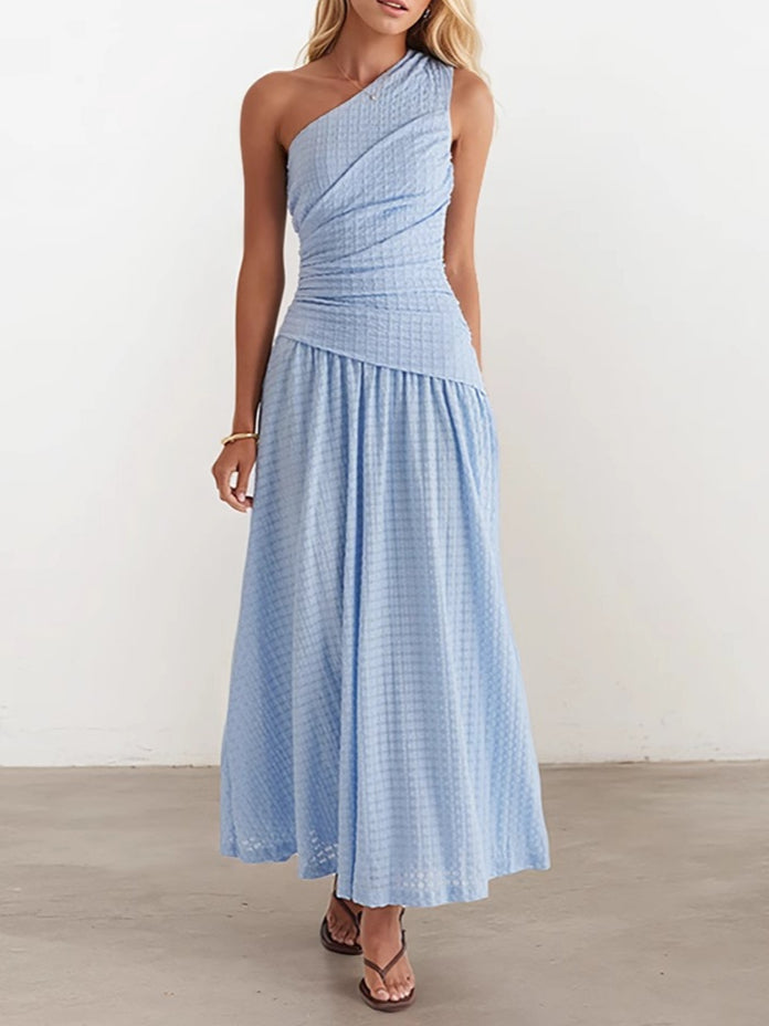 One Shoulder Bodycon Slit Midi Dress Women Blue N6D100