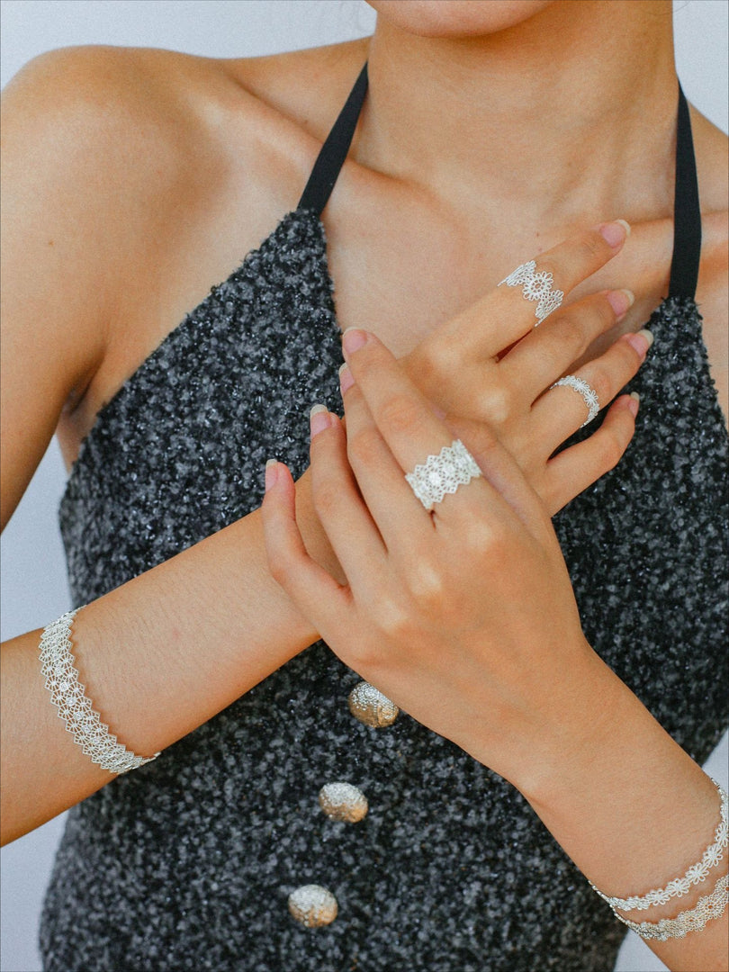 Lace Diamond Adjustable Silver Ring Women N6C002