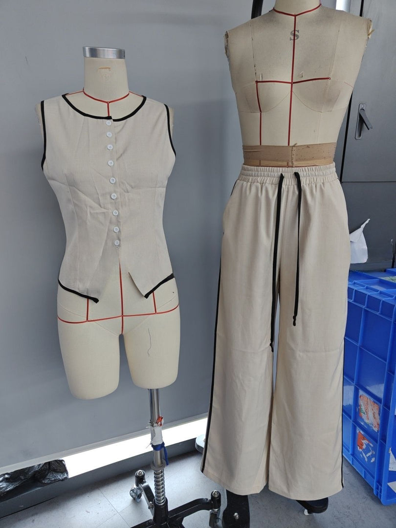 Color Block Button Vest Drawstring Pant Set Women N6D118