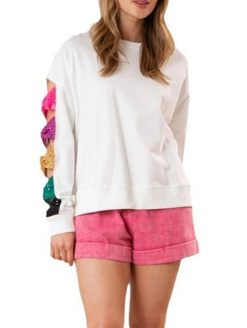 Bow Sequin Sweatshirt Long Mid Weight Black White N5Z802