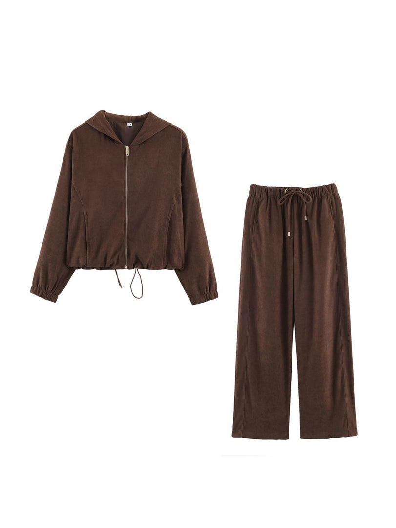 Drawstring Hooded Zip Jacket & Jogger Pants Set Women N6H128