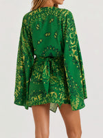 Load image into Gallery viewer, Green Paisley V-Neck Bell Sleeve Dress N6F258