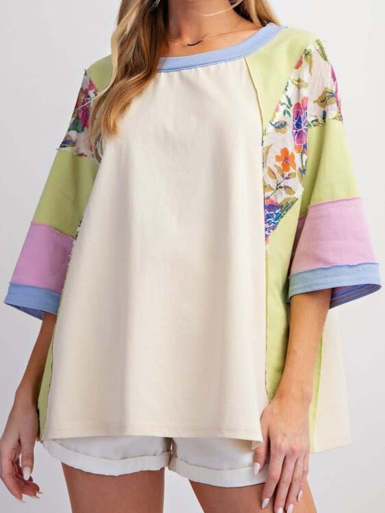 Color Block Print Cropped Sleeve Sweatshirt Women N5A259