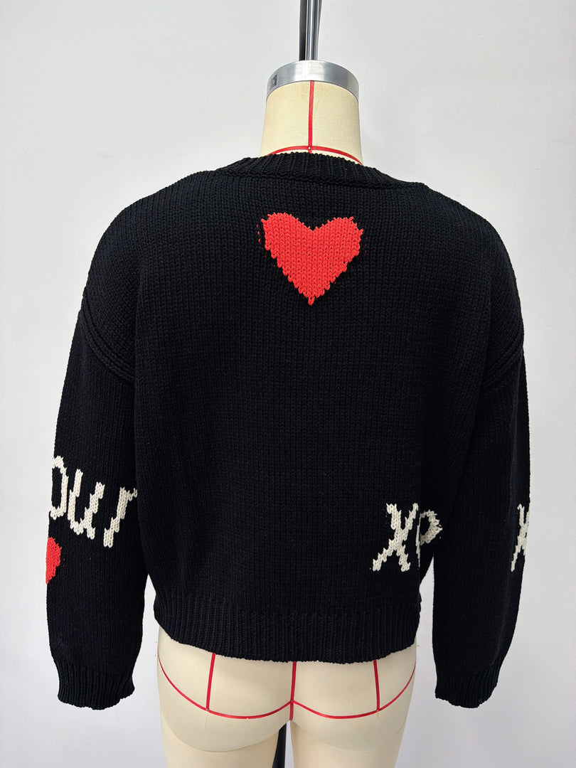 Heart Print Long Sleeve Round Neck Loose Knit Sweater N6H302