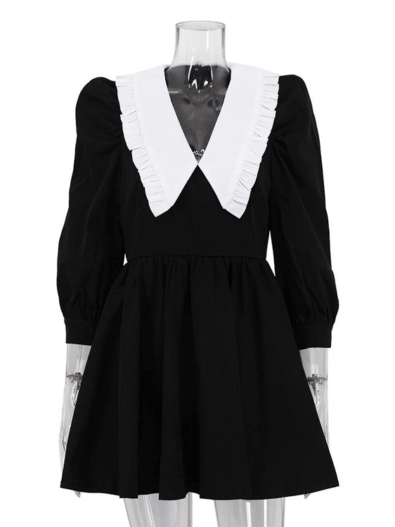 French Peter Pan Collar Black White Short Dress  N6C209