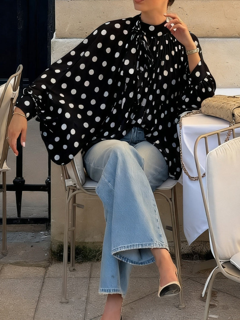 Polka Dot Tie Neck Semi-Sheer Blouse Women N6D212
