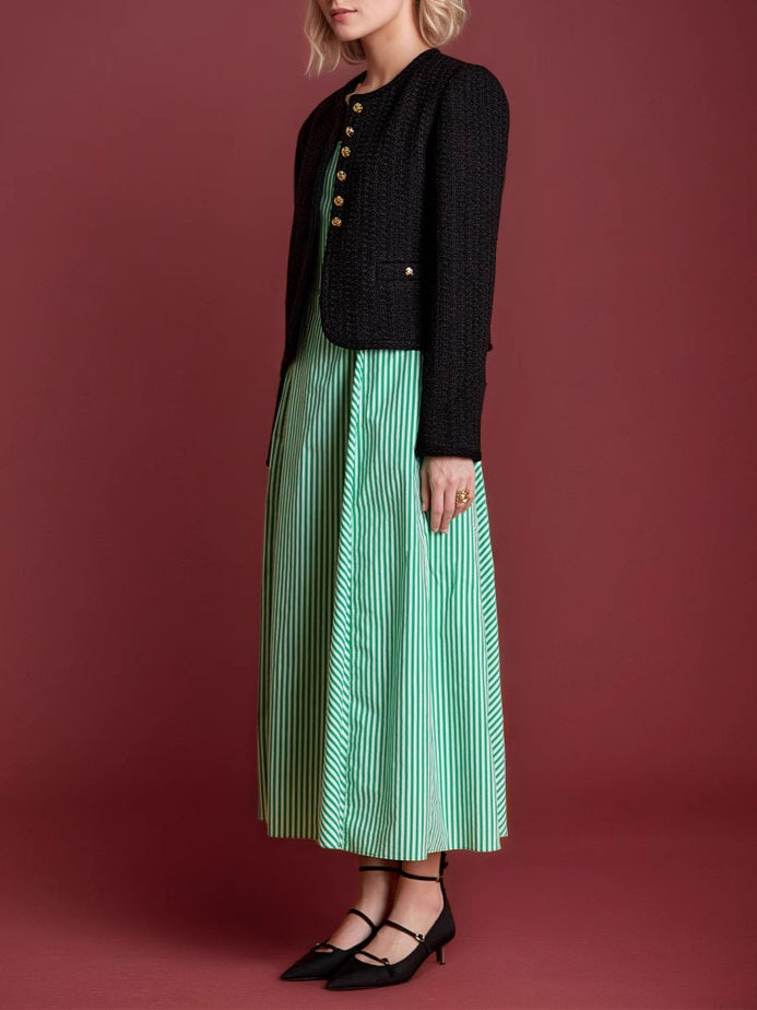 Tweed Gold Button Cardigan Cropped Mid Heavy Black N5Z579