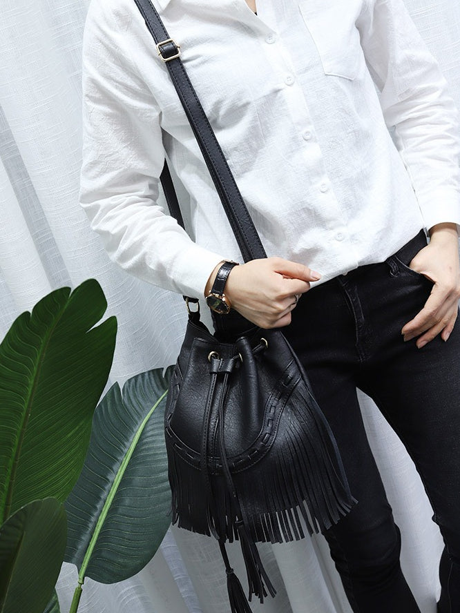 Handmade Fringe Drawstring Bucket Bag Women N6C220