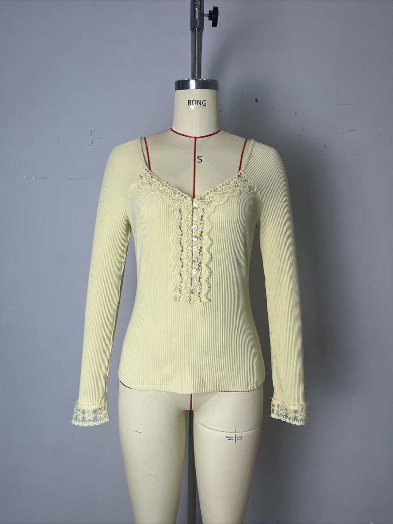 Lace Trim Button-Front Knit Top Women N6D172