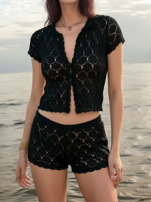 Openwork Knit Two-Piece Set V-Neck Vacation N6C330