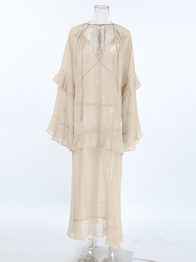Sheer Sexy Chiffon Batwing Sleeve Maxi Dress Women N6D114