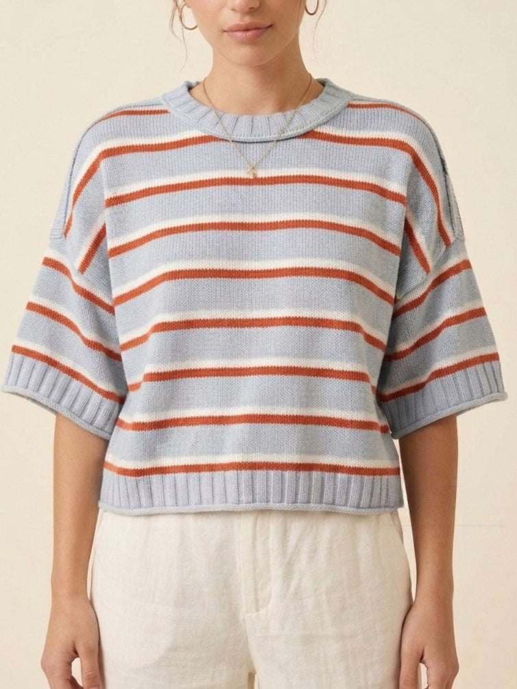 Short Sleeve Round Neck Striped Knit Pullover Women N6G189