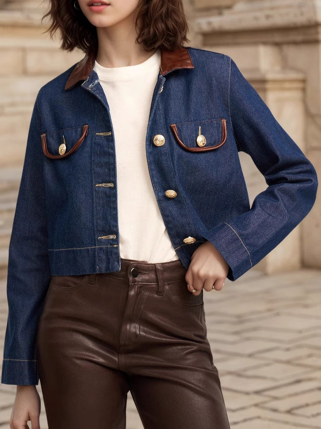 Leather Trim Denim Like Coat Button Accent Navy N5Z562