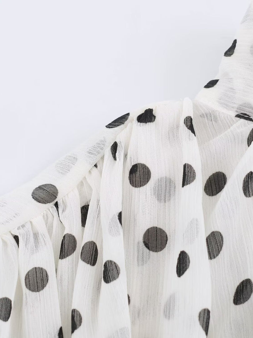 Chiffon Pleated Polka Dot Blouse Stand Collar N6F199