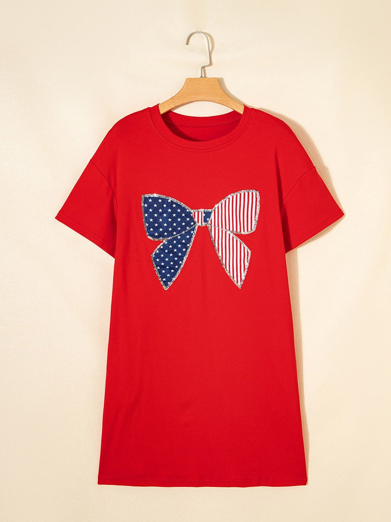 Red Butterfly Print Round Neck T-shirt Dress Women N6C336