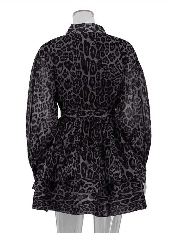 Leopard Print Chiffon Dress with Lapel and Puff Sleeve N6C192
