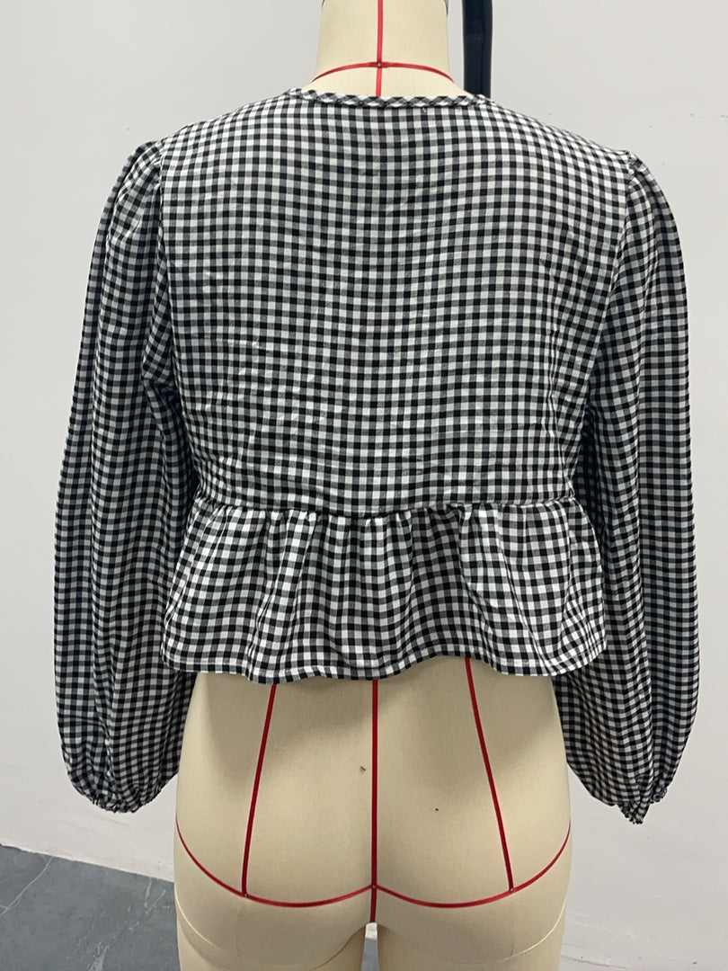 Gingham Bow Tie Open Front Blouse Women N6D133