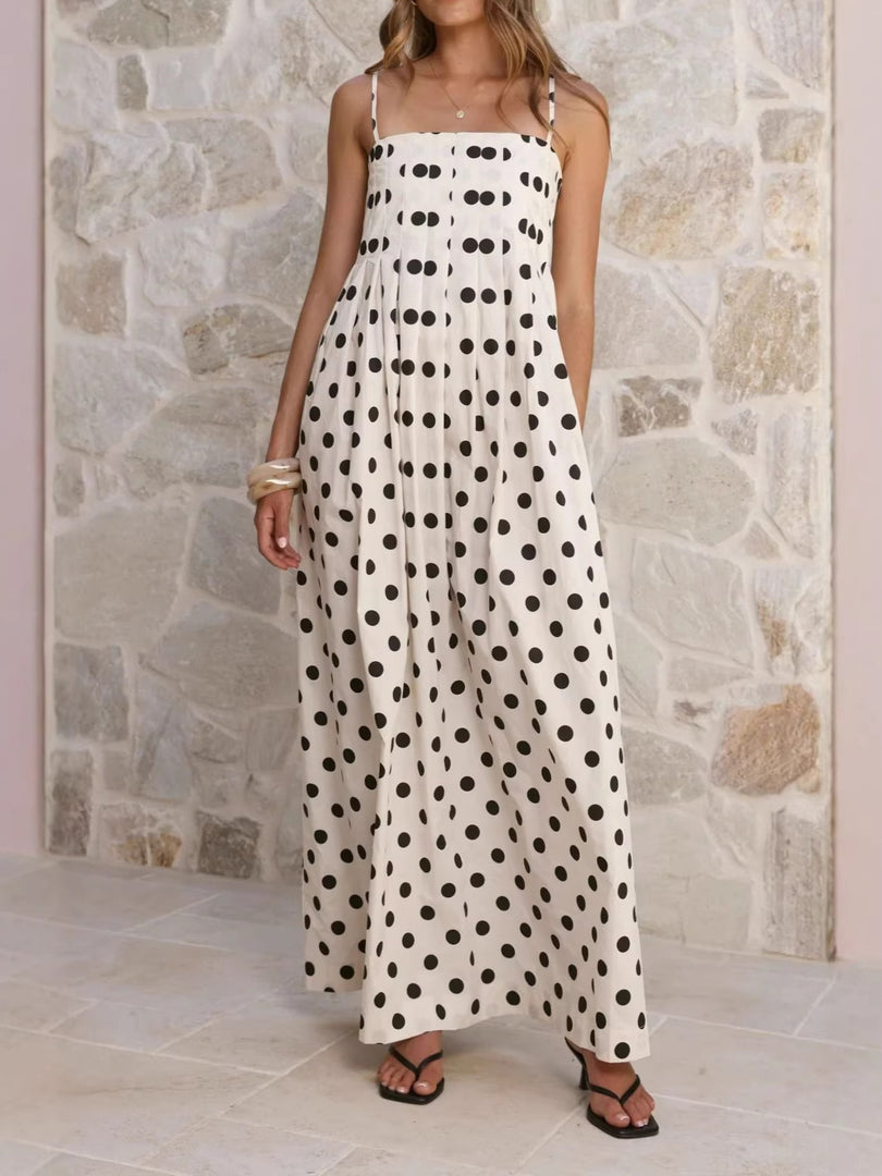 Polka Dot Pleated Midi Dress Sweet Spaghetti Strap N6F030