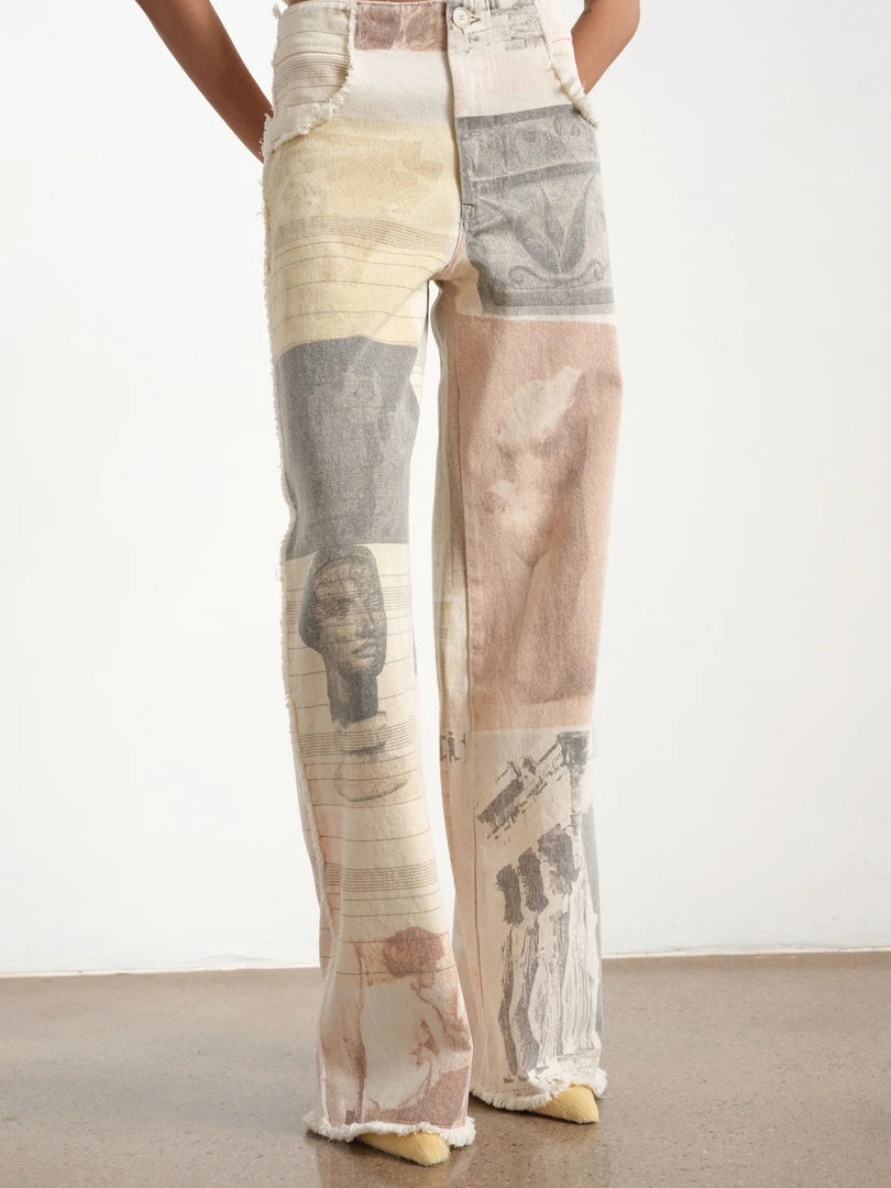 Retro Printed Wide Leg Drag Denim Jeans Women N6D153