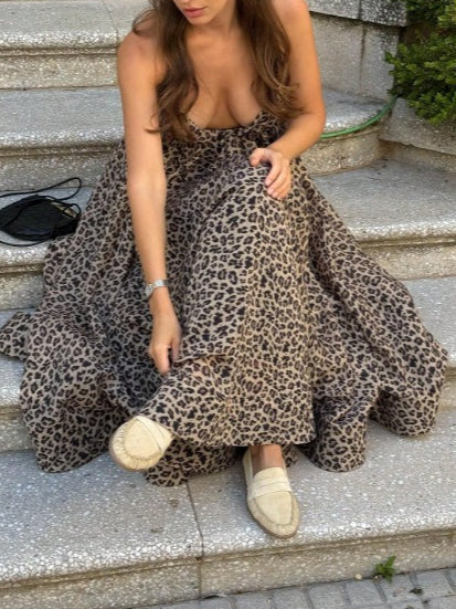 Leopard Print Backless Tie Detail Slip Dress Women N6D213