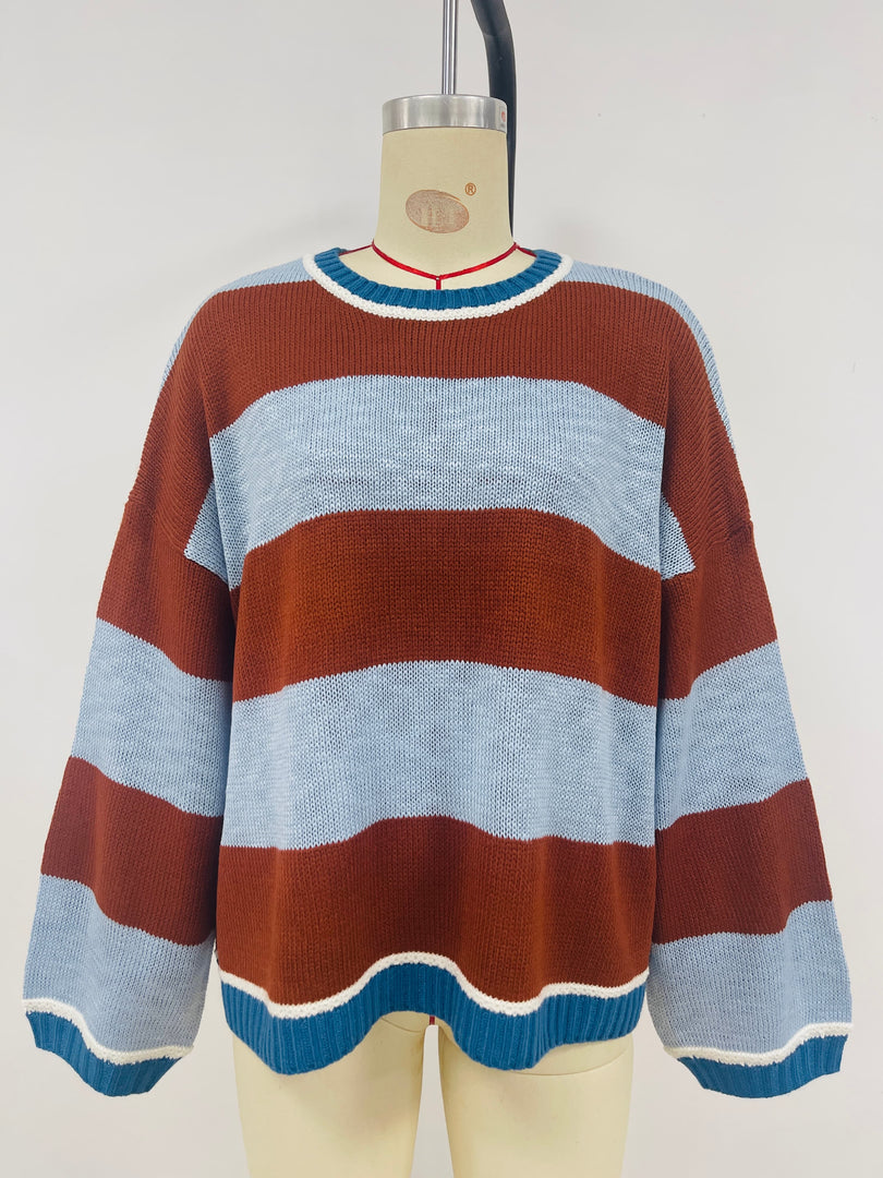 Color-Block Striped Loose Pullover Sweater Women N6H304