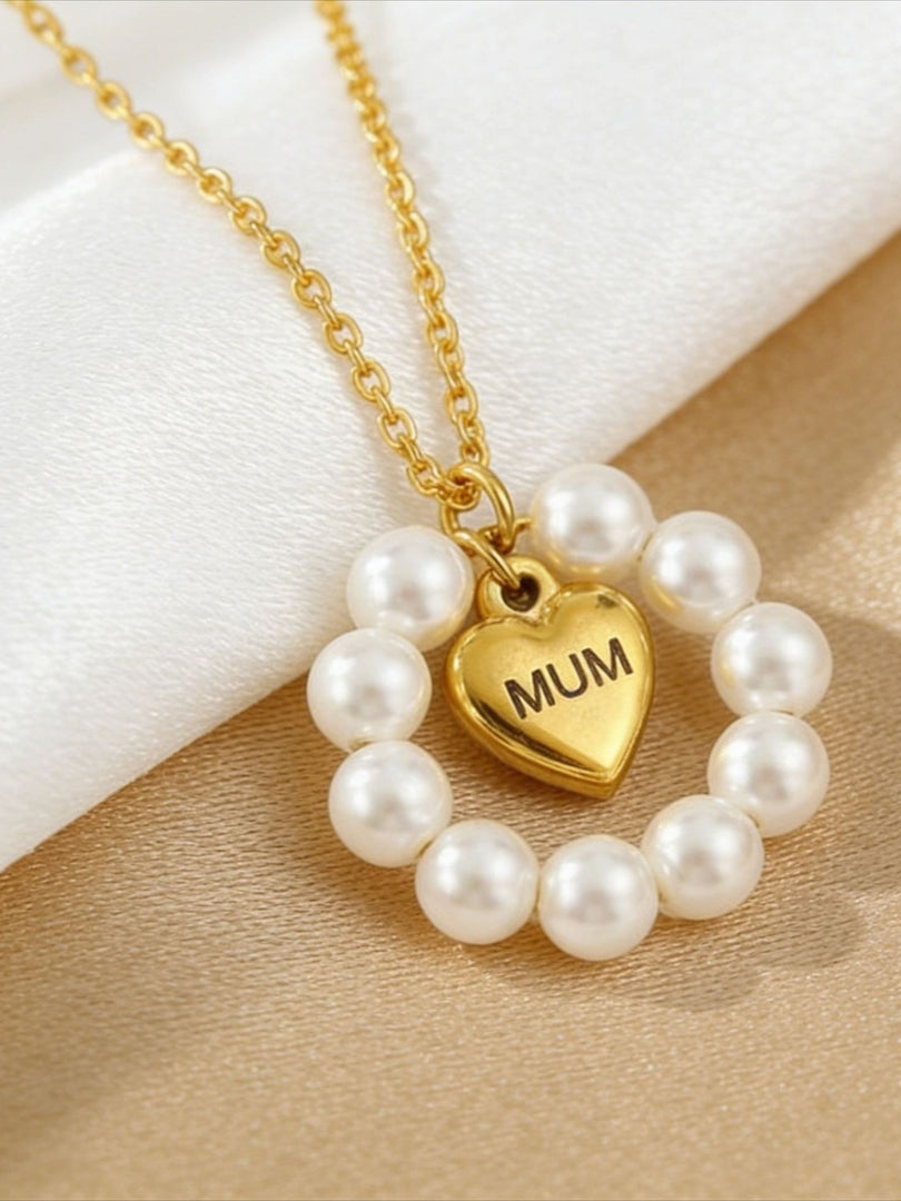 Pearl Heart Ring MUM Pendant Necklace Women N6D526