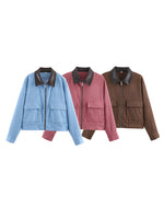 Load image into Gallery viewer, Corduroy Blend Leather Collar Jacket Women N6C138