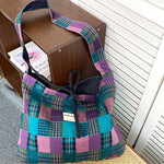 Load image into Gallery viewer, Women's Plaid Denim Tie-Closure Tote Bag N6J203