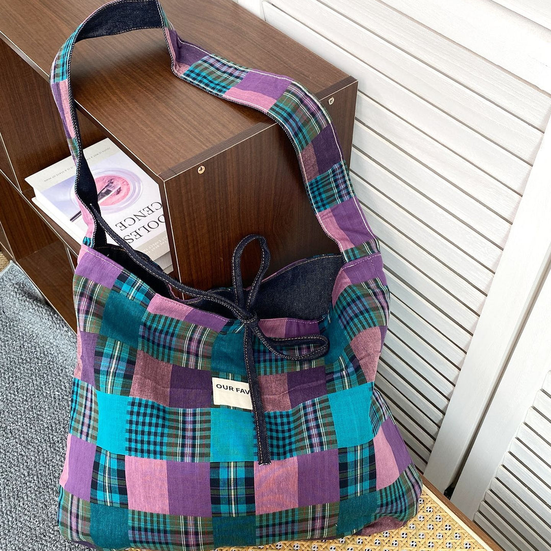 Women's Plaid Denim Tie-Closure Tote Bag N6J203