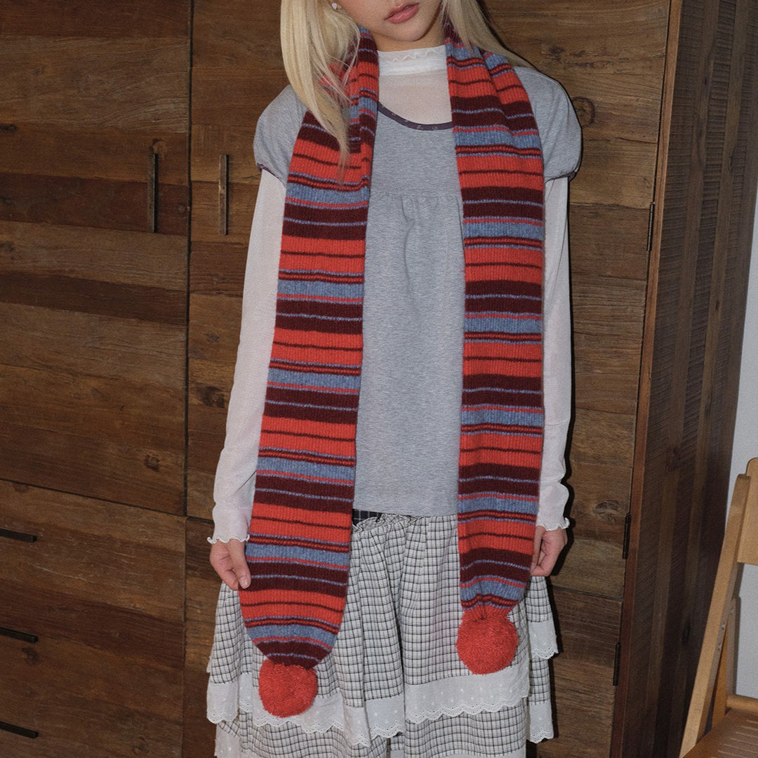 Womens Wool Blend Striped Pom Pom Knit Scarf N6K238