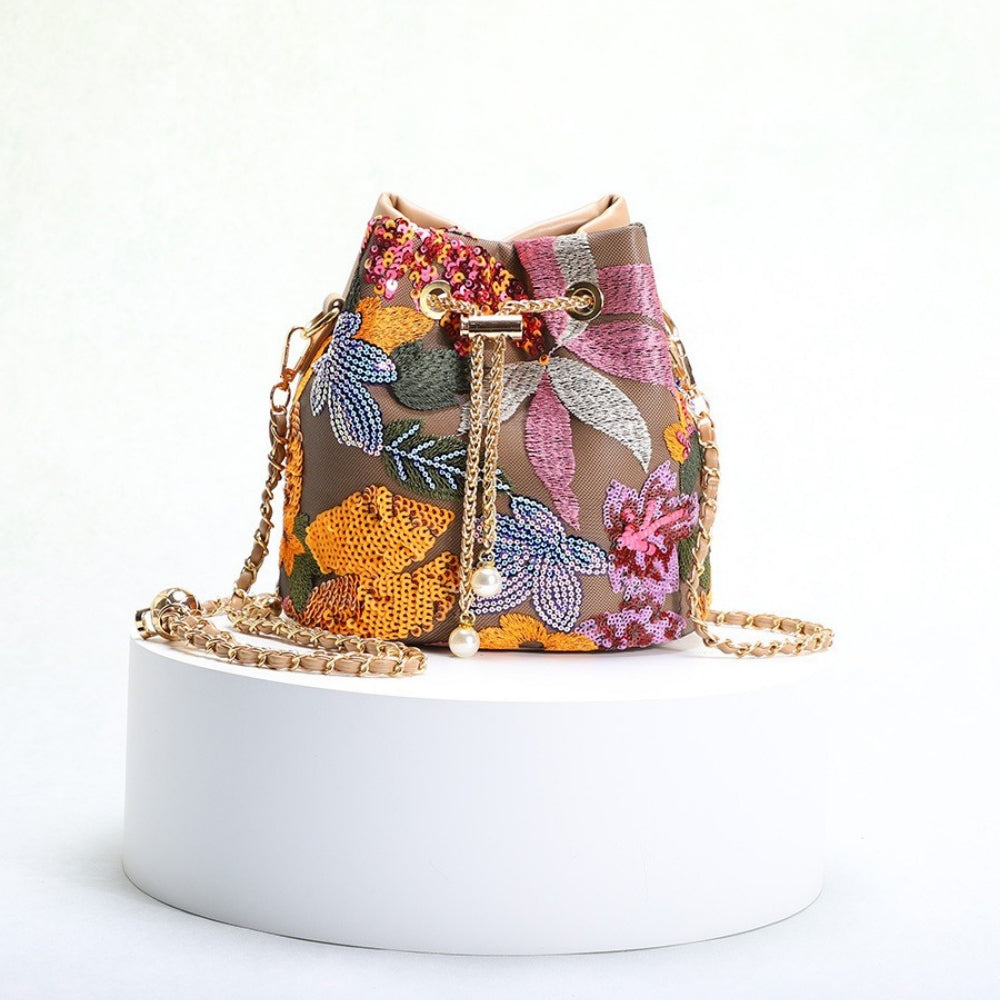 Floral Embroidered Sequin Mesh Bucket Bag Women N6E010