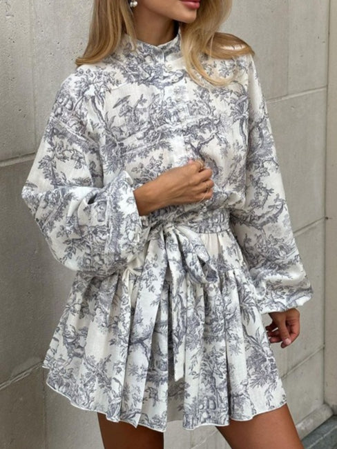 Ink Print Puff Sleeve Stand Collar A-line Dress Women N6C190