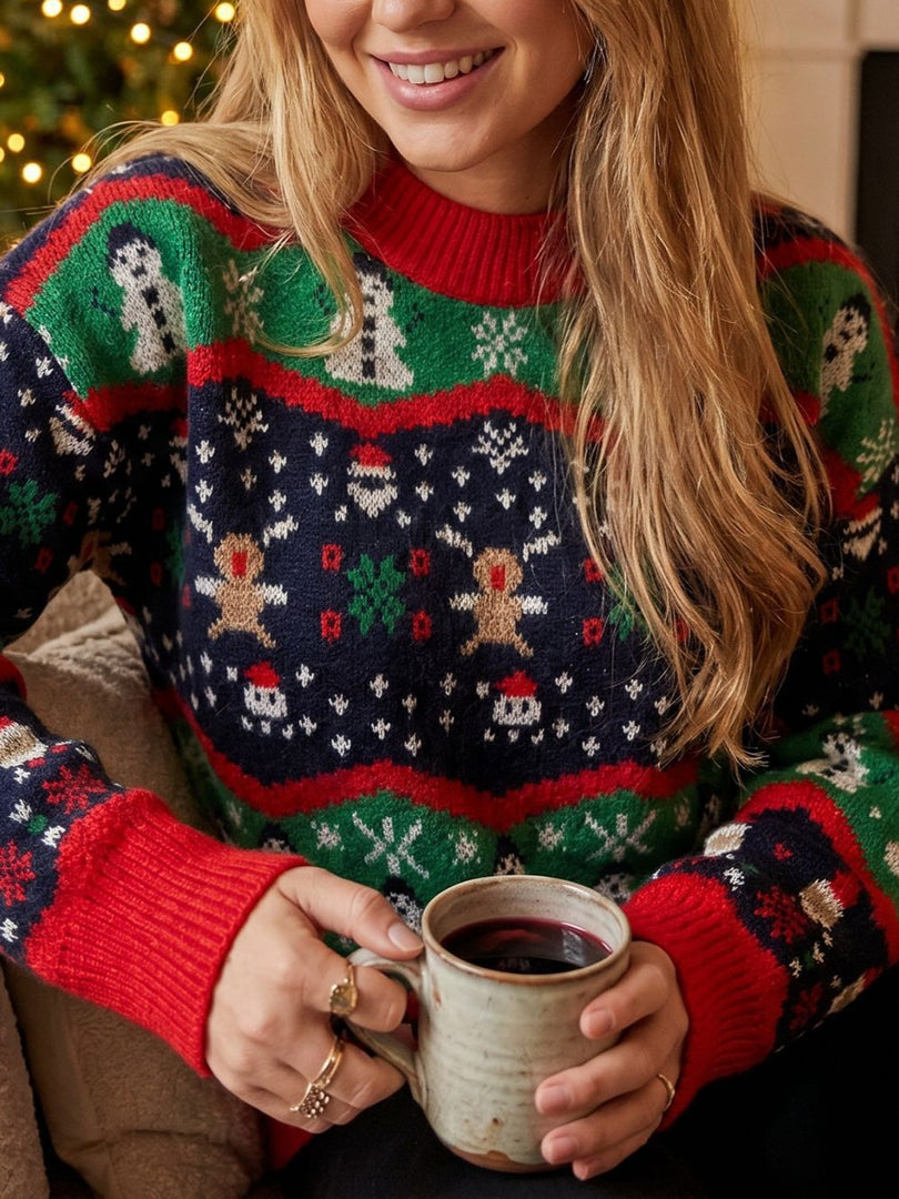 Fair Isle Santa Sweater Women Loose Christmas Knit N6H279