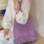 Load image into Gallery viewer, Ruffle Hem Openwork Straw Shoulder Bag with Zipper N6E055