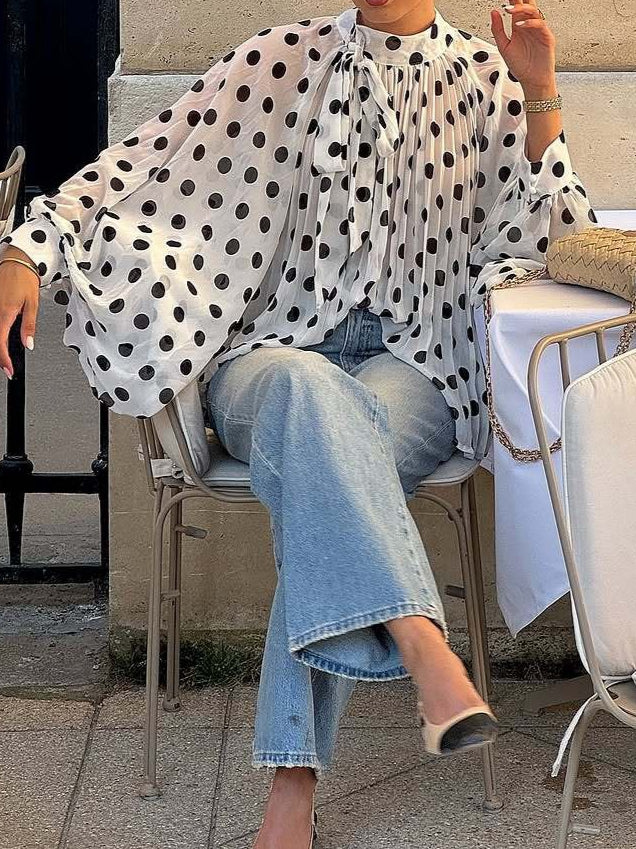 Polka Dot Tie Neck Semi-Sheer Blouse Women N6D212