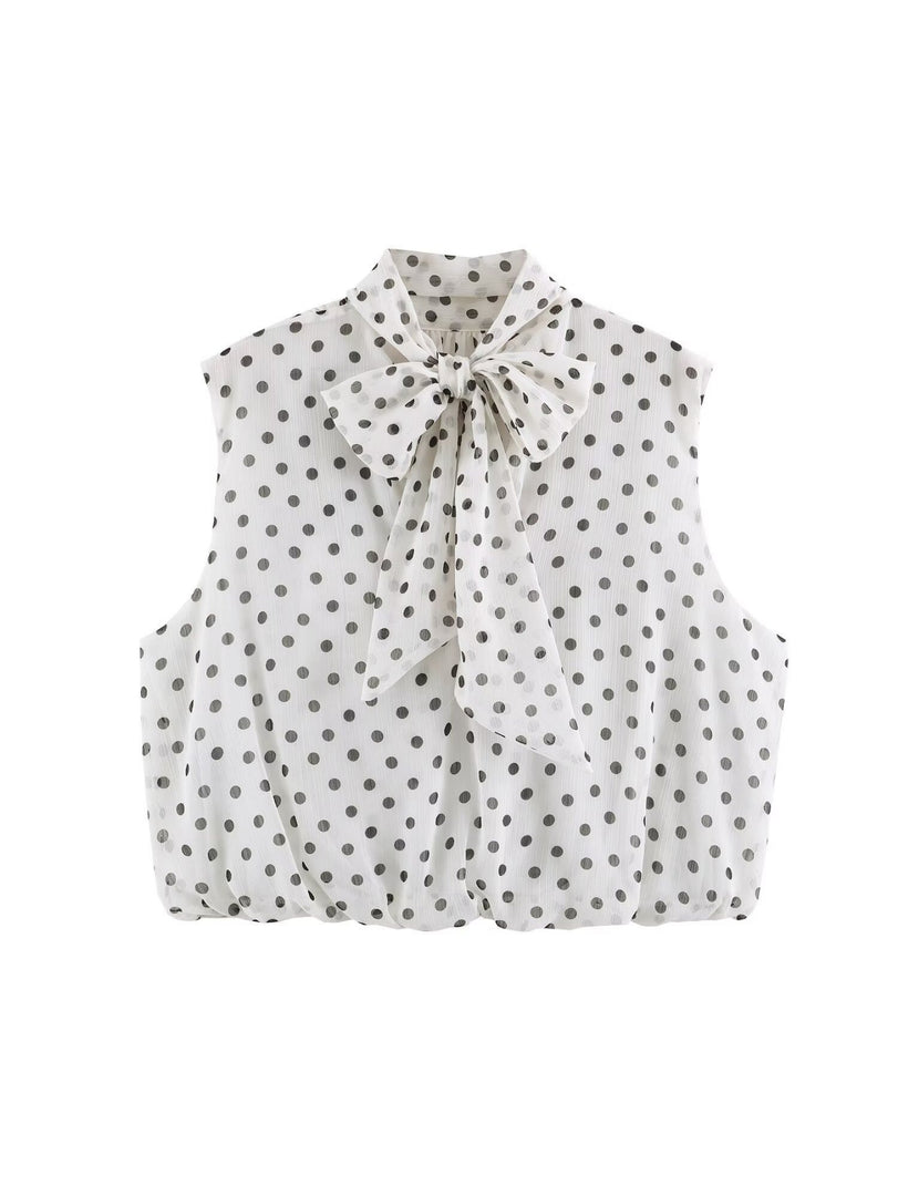 Chiffon Pleated Polka Dot Blouse Stand Collar N6F199