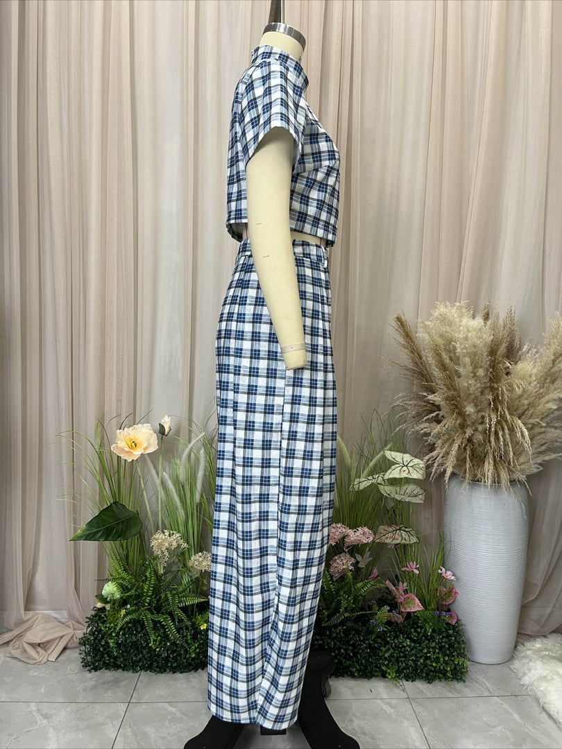 Check High Neck Crop Top and Wide Leg Pants Set  N6D105