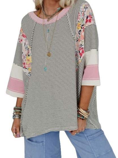 Color Block Print Cropped Sleeve Sweatshirt Women N5A259
