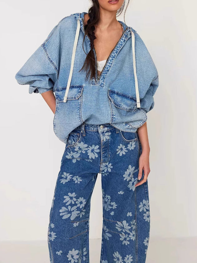 Washed Denim Hooded Jacket Relaxed Mid Weight N5Z297