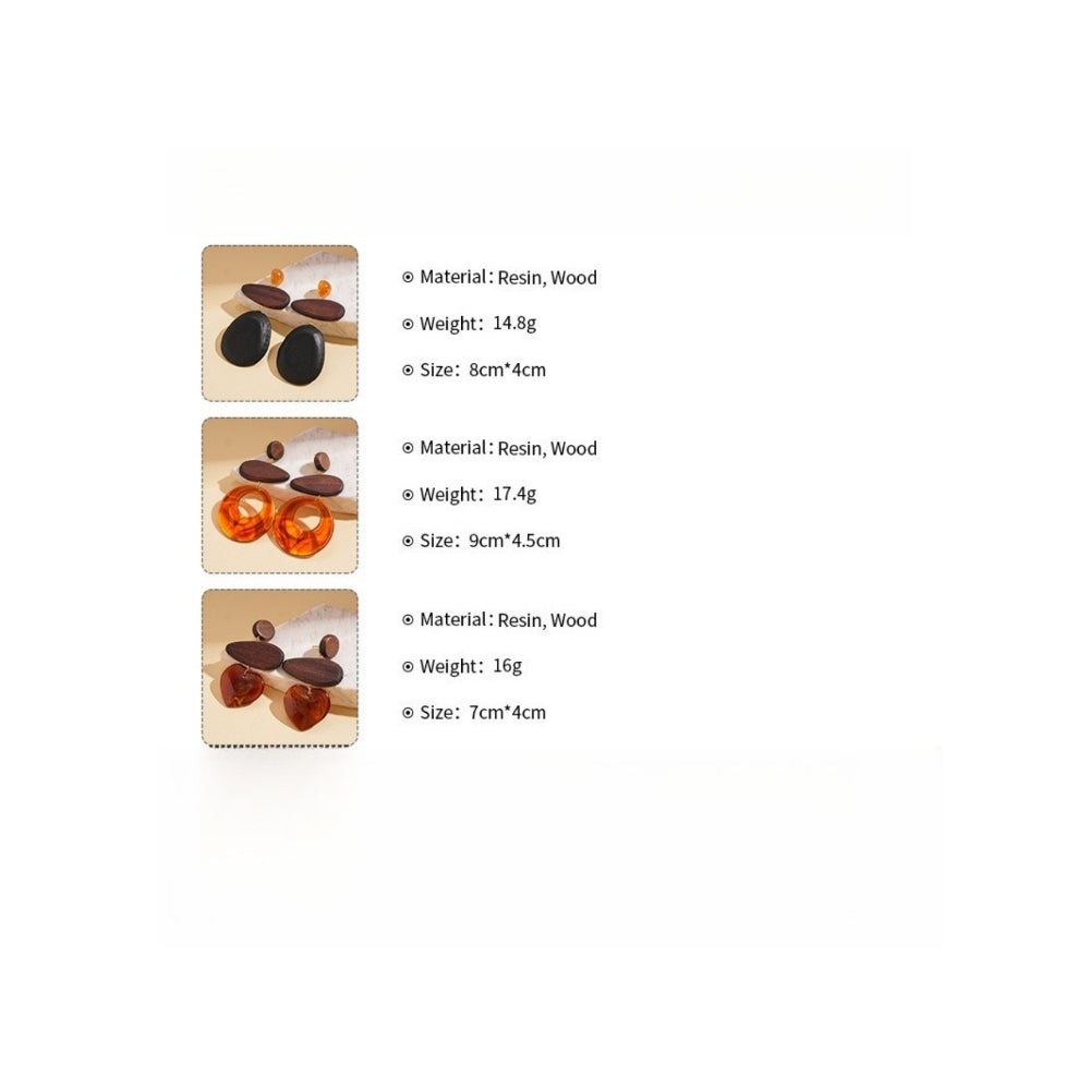 Resin Wood Drop Heart Round Silver Stud Earrings N6H090