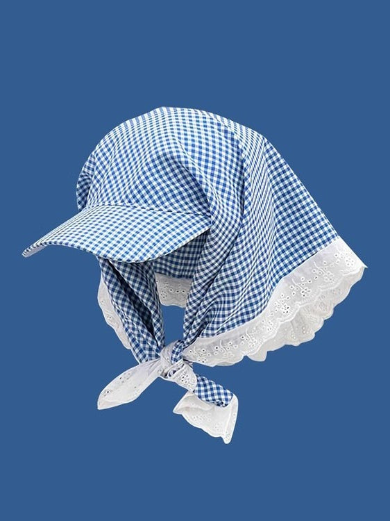 Gingham Lace Trim Headscarf Hat Women N6C365